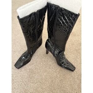 Diego di Lucca Black Croc Print Zip Leather Shiny Square Toe Boots Size 10 NWOB
